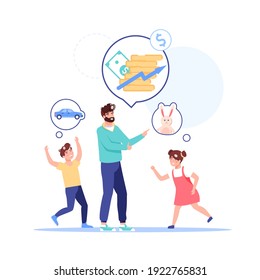 Vector cartoon flat family characters dreams of future.Dad kids dreaming,thinking of home budget finance management to increase income-money saving family budget,web site banner ad concept