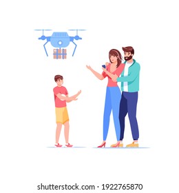 Los personajes de la familia llana de dibujos animados reciben pedidos en línea desde el drone de entrega.Servicio de entrega moderno-quadcopter entrega artículos pedidos a clientes felices - tienda en línea, banner de sitio web y concepto