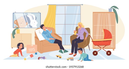 Caricatura vectorial personajes de familia plana situación de la escena de la vida. Los niños se comportan mal, jugando, padres de mamá y papá cansados tratan de dormir en cuarentena, comunicación, relaciones familiares, banner de sitio web y concepto