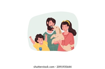 Vector cartoon flat family characters parents,kid and dog pet.Dad,son and mom with doggy in arms smiling happily-positive emotions,healthy family relationships social concept,web site banner design