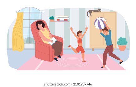 Vector cartoon flat family characters in life scene situation,kids having fun playing ball,tired mom sleeping in chair-happy family relationships,web site banner ad concept