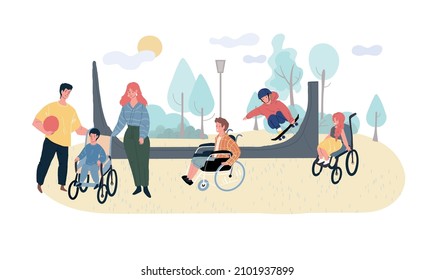 Vector Cartoon Flat Family Characters Having Fun In Skate Park,kids Skating,disabled Children Walk With Parents-happy Childhood,sporty Healthy Family Concept,web Site Banner Ad Design