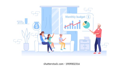 Vector cartoon flat family characters,teacher in home education class business course.Parents kids study personal budget finance management,saving money plan-family budget,web site banner ad concept