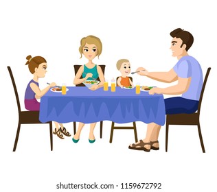 Vector cartoon flat family illustration isolated on vhite cartoon family eating meal father mother children little girl man woman isolated on white family dinner or breakfast vector family isolated 