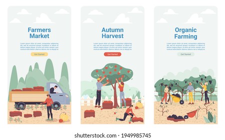 Vector cartoon flat farmer characters harvesting,workers harvest vegetables,fruits,load them on truck-natural,organic farming,agriculture concept.Set of web online landing page templates site design