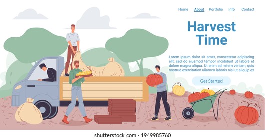 Vector cartoon flat farmer characters harvesting,people workers harvest vegetables,load them on truck-natural,organic farming,agriculture concept for web online landing page template,site design