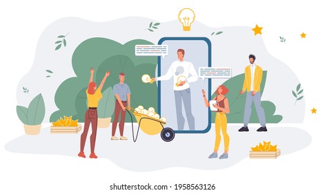Vector cartoon flat farmer characters grows,harvesting social media symbols,idea lamps from smartphone screen-social media marketing,management,smm,creative concept for web online banner,ad,site