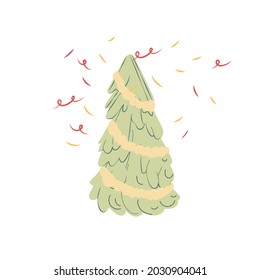 Vektor-Cartoon flach festliche Weihnachtsbaum und Konfetti einzeln auf leerem Hintergrund Frohe Weihnachten- und Happy New Year-Feiern, Feiertagsfeiern, Website-Banner und Design