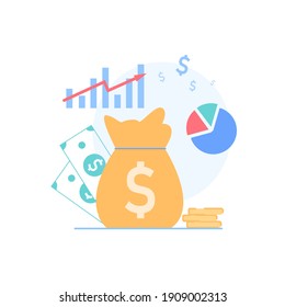 Vector cartoon flat financial symbols for education class business course.Gold coins,money bag,graph,diagram-financial literacy,investments,budget money management,web site banner ad concept