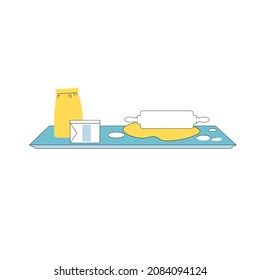 Caricatura vectorial harina plana, masa en el tablero de cocción con alfiler aislado en una dieta vacía equilibrada de fondo, concepto de alimentación saludable y cocina de alimentos, banner y diseño del sitio web