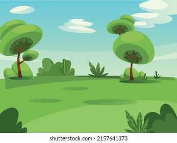 Vector Cartoon Flat Forest Area With Trees,bushes And Grass On Lawn-scenery Of Ecological Organic Urban Green Space For People Recreation,city Park Elements Concept,web Online Banner,ad,site Design