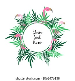 vector cartoon flat fresh text banner frame with green leaves and pink flamingo on white background 