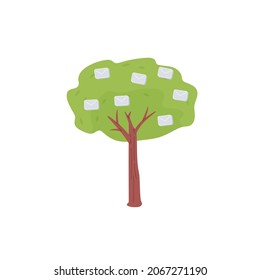 Dibujo vectorial árbol de pleno crecimiento con símbolos de correo electrónico aislados en medios sociales de fondo vacíos, comunicación, concepto creativo para anuncio web en línea, banner,diseño de sitio