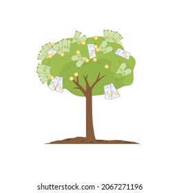Vektor-Cartoon flach gewachsenen Geldbaum einzeln auf leerem Hintergrund Finanzinvestitionen Metapher, gewinnbringendes Ertragsgewinnungskonzept für Web-Online-Banner,ad,Website-Design