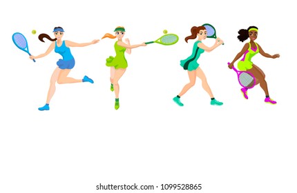 Vector cartoon flat girl character female people sportsman tennis playing tennis with raquette and balls isolated on white sportive girls in tennis