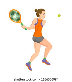 Vector cartoon flat girl character female people sportsman tennis playing tennis with rockette and balls isolated on white sportive girls in tennis set of tennis girl playing sportive activity