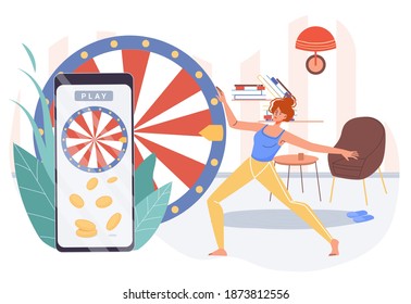 Vector Cartoon Flat Girl Character Playing Roulette On Screen Mobile Phone Device,having Fun Plays In Casino Indoor - Online Play, Gaming, Real Money Gambling Concept