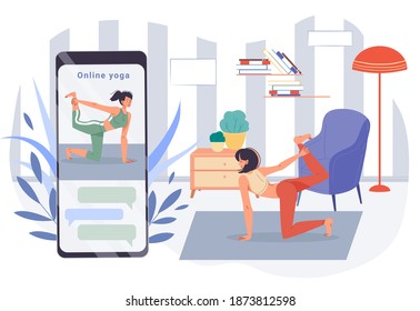 Vector cartoon flat girl character study yoga on screen mobile phone device,doing stretching exercises indoors-online education, distance training,remote study concept