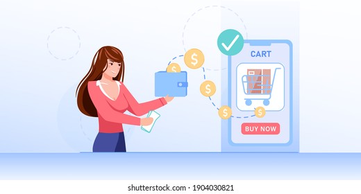 Vector Cartoon Flat Girl Character Transfer Money Online Using Mobile App.Happy Customer Send Funds,make Credit Card Pay On Smartphone Screen-online Payment,web Site Banner Ad,social Media Concept