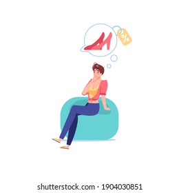 Vektorcartoon-flacher Girl-Charakter denken, Traum von Shopping-Rabatte.Glücklicher Kunde denkt über Schuhe, Bekleidungs-Shop Verkauf-Online-Shop, Website-Banner-Werbung, Social-Media-Konzept, App Design