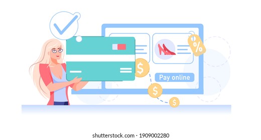 Vector cartoon flat girl character transfer money online using mobile app. Happy customer send funds,make pay with credit card on computer screen-online payment,web site banner,social media concept
