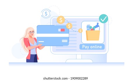 Vector cartoon flat girl character transfer money online using mobile app. Happy customer send funds,make pay with credit card on computer screen-online payment,web site banner,social media concept