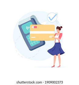 Vektorcartoon flacher Girl-Charakter macht nfc kontaktlose Zahlung.Glücklicher Kunde kauft Waren, macht drahtlose Bezahlung mit nfc Smart Card moderne Zahlungstechnologie, Online-Website und Banner-Design Design