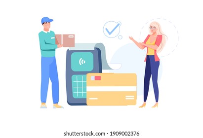 Caricatura vectorial personaje de chica plana hace el pago sin contacto de nfc.Cliente feliz realiza el pago inalámbrico por la entrega de pedidos mediante tarjeta inteligente, tecnología de pago moderna, diseño de sitio web y banner