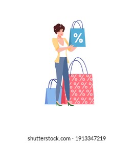 Vector cartoon flat girl character hold goods with shopping discount.Happy customer enjoy shoes,clothing store sales-online shop,web site banner ad,social media concept,app design