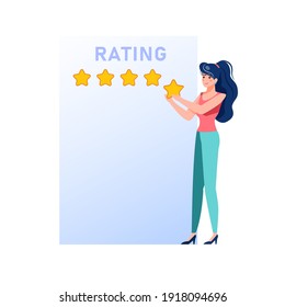 Vector cartoon flat girl character gives five stars rating.Happy woman use online social symbols to evaluate-social media marketing,management,smm,web site banner ad concept