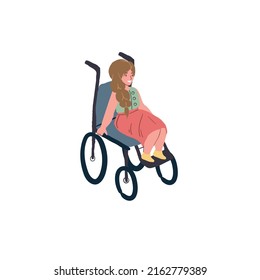 Vector cartoon flat girl character sits in wheelchair-disabled childrens care and support theme,equal human rights,social justice,happy childhood for all children concept,web site banner ad design