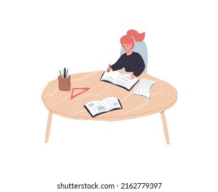 Vector cartoon flat girl character student of primary school study,do homework at table with schools supplies-happy fun childhood and learning educational concept,web site banner ad design