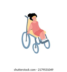 Vector cartoon flat girl character sits in wheelchair-childrens care and support theme,equal human rights,social justice,happy childhood for all children concept,web site banner ad design