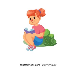 Vector cartoon flat girl character,kid reading book-children's fashion,kids clothing,happy childhood and healthy family relationships social concept,web site banner ad design