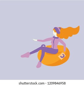 Vector cartoon flat girl in hat sledging at inflatable tube, snowtubing outdoors in winter with long red hairs . Young joyful caucasian white woman sledding on snow rubber tube.Winter activity concept