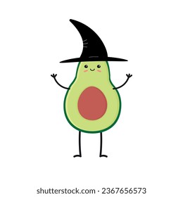 Vector cartoon flat Halloween avocado with witch hat isolated on white background