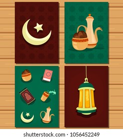 vector cartoon flat hand drawn ramadan stuff item collection print template including moon lantern quran date palm carpet iftar illustration greeting card design