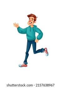Vector cartoon flat happy character in joyful mood.Young man celebrate success,jump happily,rejoice,send greetings-communication,emotions,friendship,positive social concept,web site banner ad design