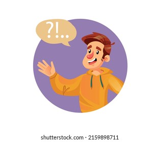 Vector cartoon flat happy character in joyful mood.Young man happily talking,communicate,rejoice,send greetings-communication,emotions,friendship,positive social concept,web site banner ad design