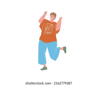 Vector cartoon flat happy character in joyful mood.Young man rejoice,happily gesticulate,hands up-positive emotions,friendship,communication relationships social concept,web site banner ad design