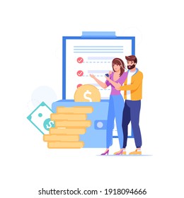 Vector cartoon flat happy characters couple buy goods.Young people use grocery shopping list for buying products-money saving,family budget management,web site banner ad concept design