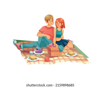 Vector cartoon flat happy characters love couple having picnic.Young people sit on blanket with basket,thermos,fruits and sandwiches-romantic personal relationships social concept,web site design