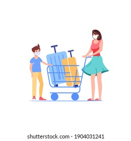 Vector cartoon flat happy family traveler characters in airport with luggage shows coronavirus prevention,covid protection measures-wearing face mask,social distancing,medical treatment concept
