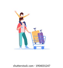 Vector cartoon flat happy family traveler characters in airport with luggage shows coronavirus prevention,covid protection measures-wearing face mask,social distancing,medical treatment concept