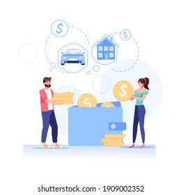 Vector cartoon flat happy family characters put gold coins in wallet.Young people makes home budget finance management according to saving money plan-family budget,web site banner ad concept