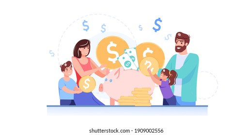 Vector Cartoon Flat Happy Family Characters Put Gold Coins In Piggy Bank.Parents Kids Saving Money,follow Home Budget Finance Management Plan-family Budget,bank Account,web Site Banner Ad Concept