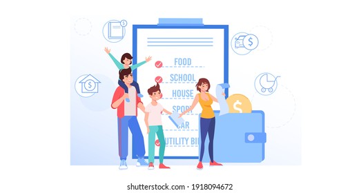 Vector cartoon flat happy family characters buy goods.Parents and kids use grocery shopping list for buying products-money saving,family budget management,web site banner ad concept design