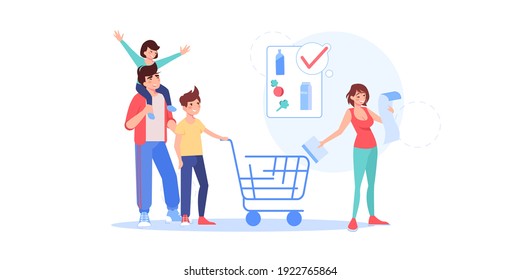 Vector cartoon flat happy family characters buy goods.Parents and kids use grocery shopping list for buying products-money saving,family budget management,web site banner ad concept design