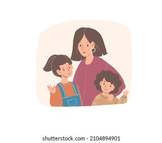 Vector Cartoon Flat Happy Family Characters Parent And Kids.Mom,daughter And Son Smiling And Waving Hands-positive Emotions,healthy Family Relationships Social Concept,web Site Banner Ad Design