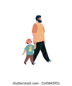 Vector cartoon flat happy family characters parent and kid on walk.Young dad and little boy walking on empty background-healthy family relationships social concept,web site banner ad design
